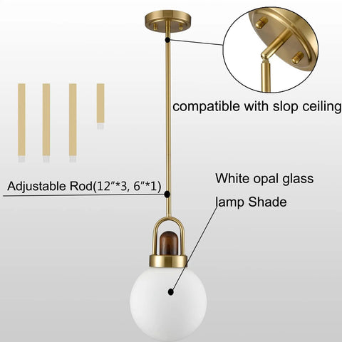 Mid Century Brushed Brass Globe Pendant Light With Milk Glass Shade for kitchen island, modern gold fixture, adjustable rod