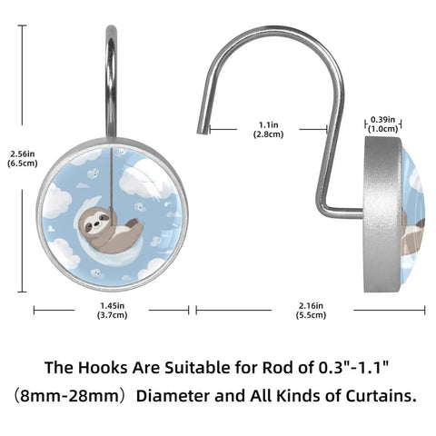 12 Pcs Totally Adorable Sloth Shower Curtain Hooks With Clouds Set For Decorative Animal Motif Rust Proof Glide Smoothly Durable Resin And Stainless Steel Rings For Universal Fit On Bathroom Curtain Rods, showing measurements and close-up of hook design.