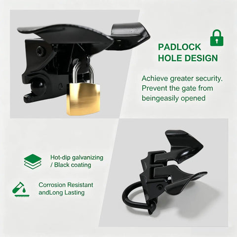 Wmebee Chain Link Fence Butterfly Gate Latch, Black Powder Coated with padlock hole design for enhanced security.