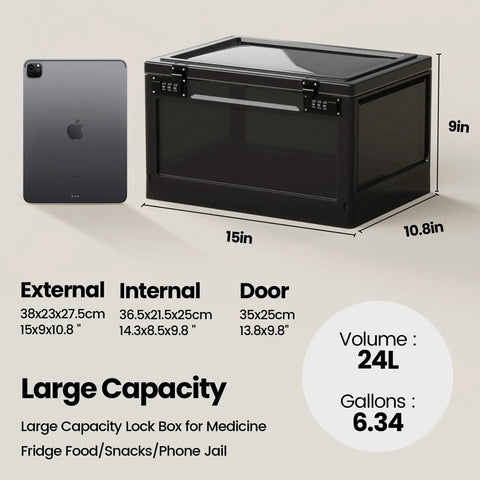 Massive 24 Liter Lockable Storage Box for Meds and Personal Items with 3 Combo Lock next to tablet for size comparison