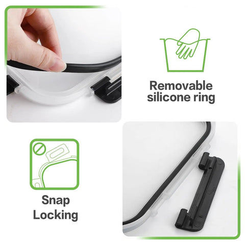 Glass Meal Prep Containers Set With Locking Lids, Borosilicate Glass Food Storage showing snap-locking lid and silicone ring detail.