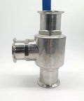 Side view of Geife 2-inch tri-clamp sanitary 3-way ball valve, stainless steel 304, PTFE seat, blue handle, 64mm OD flange