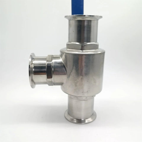 Side view of Geife 2-inch tri-clamp sanitary 3-way ball valve, stainless steel 304, PTFE seat, blue handle, 64mm OD flange