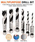 Heavy Duty Brad Point Stubby Drill Bit Set For Woodworking With 6 Pack Hss 4241 Steel Quick Change Hex Shank Boring Tools That Cut Clean Through Hard Lumber No Sweat With Dead Aim And Zero Binding, showing drills of sizes 1/8 to 3/8.