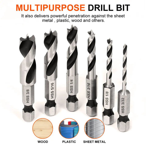 Heavy Duty Brad Point Stubby Drill Bit Set For Woodworking With 6 Pack Hss 4241 Steel Quick Change Hex Shank Boring Tools That Cut Clean Through Hard Lumber No Sweat With Dead Aim And Zero Binding, showing drills of sizes 1/8 to 3/8.
