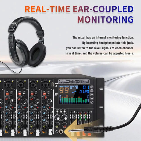 8 Channel DJ Console With 19 Inch Rack Mount Audio Mixer, 99 DSP Effects And Built In Reverb, USB Recording, headphones connected
