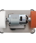 Heavy Duty 96 Watt Mini Belt Sander With Seven Speed Dials And Beefy Copper Motor For Fast Wood And Metal Finishing Compact Benchtop Grinder showing motor and rollers from a top view.