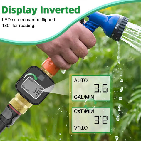 Solid Brass Flow Meter With Real Time Flow Rate Last Time Water Volume Gallons And Liters Average Daily Flow And Total Flow Built Tough For RV Tanks Garden Hoses Lawn Sprinklers And Nozzle Sprayers with flipped LED screen on hose
