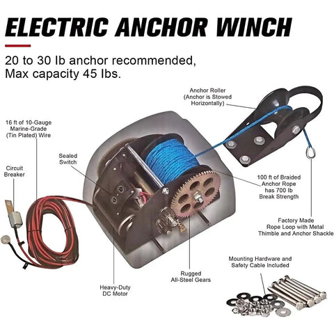 Rock Solid 45 Lbs Electric Boat Anchor Winch With Remote Control Saltwater Marine Windlass Kit including parts and features.