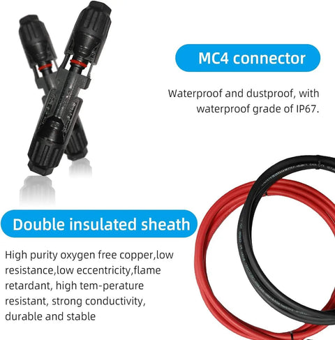 Pro Grade Solar Extension Cable Set 10AWG 12AWG with connectors and insulated red and black leads, UV resistant XLPE.