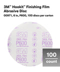 Hookit Finishing Film Abrasive Disc 6 Inch 600 Grit Plus, 100 Pack shown with printed details and 100 count label.