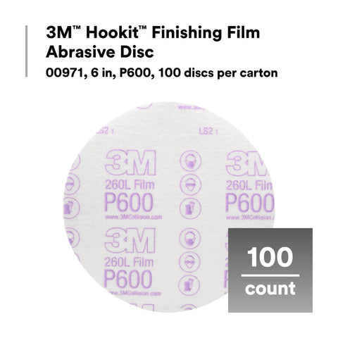 Hookit Finishing Film Abrasive Disc 6 Inch 600 Grit Plus, 100 Pack shown with printed details and 100 count label.