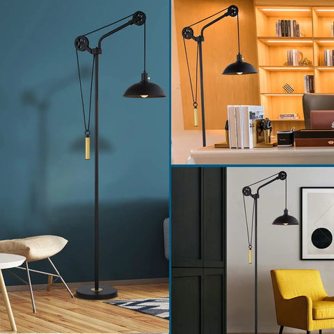 Stepless Dimmable Industrial Floor Lamp With Pulley System in Deep Bronze shown in living room, office, and reading corner settings.