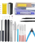28 Piece Model Tools Kit For Hobby Builders, Essential DIY Craft Set shown with knives, files, tweezers, pliers, and storage box.