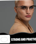 Woman wearing half-frame glasses emphasizing strength and practicality, with "Glasses Repair Thread Kit For Half Frame Eyewear Lanyard And Wire Repair Tool" text.