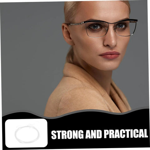Woman wearing half-frame glasses emphasizing strength and practicality, with "Glasses Repair Thread Kit For Half Frame Eyewear Lanyard And Wire Repair Tool" text.