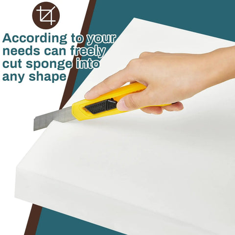 Person cutting 4 Pack High Density Foam Cushions 2 By 20 By 20 Inches Square Seat Replacements For Patio Furniture with knife