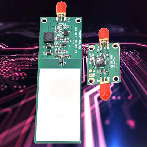 Compact Active Antenna for MF HF VHF Shortwave Reception with Mini Whip and SMA Female Output shown on circuit board