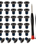 Top Shelf Thirty Piece Replacement Kit For Ridge And Minimalist Metal Wallets With Bonded Threadlocker T5 Torx And Hex Driver To Keep It Secure On The Daily Grind, featuring 30 flat-head screws and two drivers.