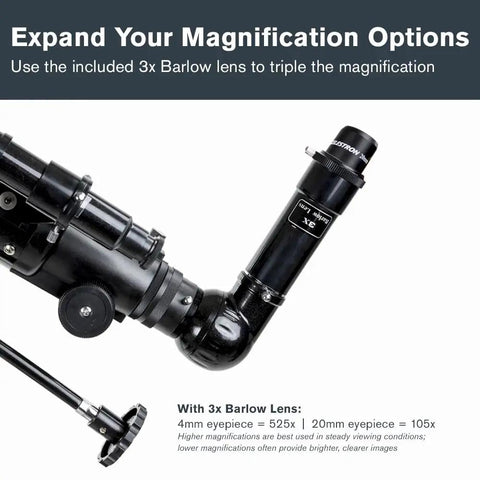 Close-up of PowerSeeker 70EQ Telescope with 3x Barlow lens enhancing magnification capabilities on the German equatorial mount.