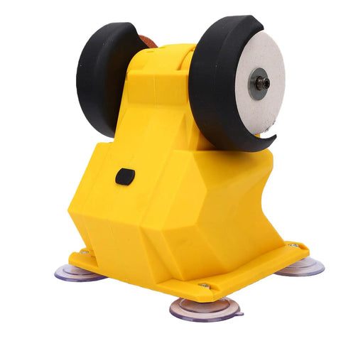 WALFRONT Cordless Mini Bench Grinder With 4 Suction Cups And Full Copper Motor For Sanding Grinding Polishing Sharpening Fit For DCB206 DCB204 DCB203 Battery Dcb200 DCB201 Powerful 5500Rpm Desktop Tool in yellow, showing wheels and suction cups.