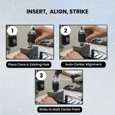 Universal Transfer Punch Center Aligner Tool Set in use for precision center alignment and hole transfer CNC process with knurled grip.