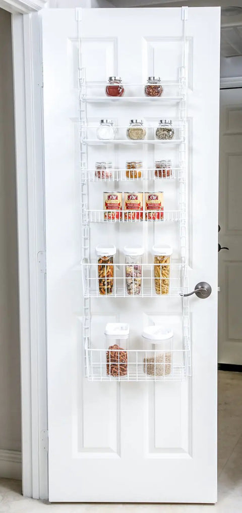 Over The Door Pantry Organizer Rack With Six Adjustable Shelves, Steel Storage Unit holding jars and spices, White