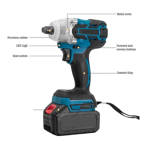 Cordless Brushless Impact Wrench With Fast Charge Battery For No Sweat Auto Repairs And Heavy Lifting Home Fixes Compact Design with LED light and comfort grip.