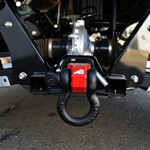 Recovery Shackle Block Assembly For 2 Inch Hitch Receivers With D Ring Red Finish Heavy Duty Off Road Gear underside view