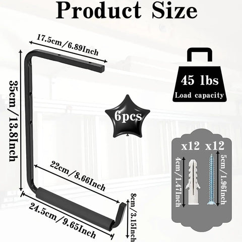 Diagram showing dimensions and load capacity of Six Pack Overhead Garage Storage Hooks Thirteen Point Eight Inch Ceiling Rack Beefy Heavy Duty Hangers And Organizer For Ladder Wood Tools Garden Hose Bike Beams Rafters Utility Rooms Mounts Easily And Keeps Your Garage Neat And Clutter Free.