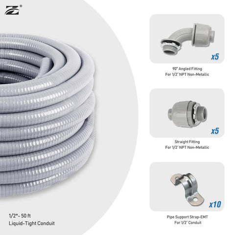Half Inch Flexible PVC Electrical Conduit Kit 50 Feet Liquid Tight with Five Couplings Five Elbows and Ten Straps