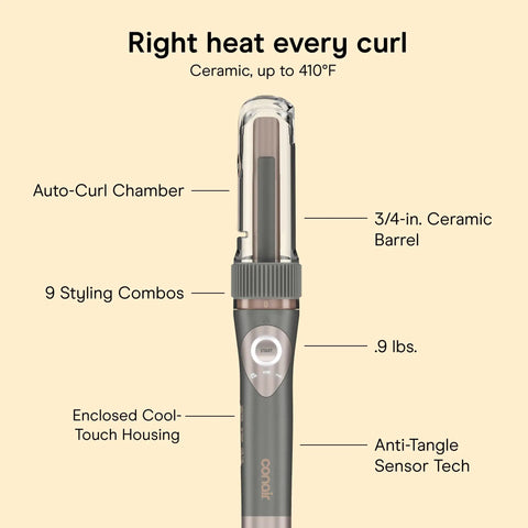 InfinitiPRO Curl Secret Ceramic Auto Curling Iron With Three Quarters Inch Barrel, features labeled, for salon-quality curls