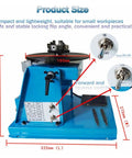 Real Solid Rotary Welding Positioner That Lets You Bang Out Welds Smoothly With Quick 0 To 90 Degree Tilting And Easy Manual Turntable Flip, features control switches and dimensions.