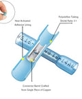Blue heat-shrink butt splice connector with copper barrel and adhesive lining