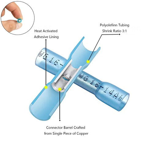 Blue heat-shrink butt splice connector with copper barrel and adhesive lining
