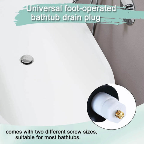 Plug And Play Toe Touch Bathtub Drain Stopper In Smooth Brushed Nickel For Quick Tub Swaps With Exact Fit Thread Studs and secure locking washers installed in a white bathtub.