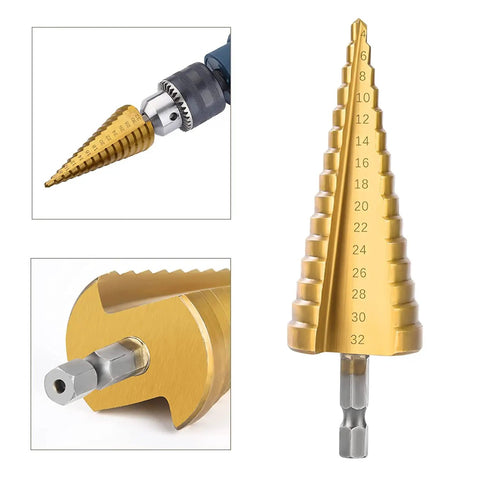 3 Piece Straight Grooved Step Drill Bit Set with Hex Shank HSS Titanium Coated Drill Bits for Metal Wood Plastic, sizes 4 to 32mm