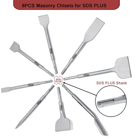 8 Piece SDS Plus Rotary Hammer Chisel Set For Demolition Masonry And Concrete Including Tile Removal Grooving Scraping Scaling Point Flat Wide Angled Chisels displayed in a circular layout with SDS Plus shank detail.