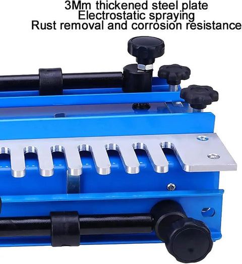 Close-up of Rock Solid 12 Inch Wood Dovetail Jig Router Template showcasing the steel base and adjustment knobs.