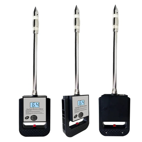 Portable Hay Moisture Meter With 15.7 Inch Stainless Steel Probe For Hay Bales And Forage Testing Dope Tool For Cereal Straw Bran Alfalfa Soybean Meal Fiber And More Quick Accurate Readouts And One Hand Use, front and side views