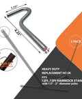 Heavy Duty Hammock Hooks Replacement Set For Double Hammock With Stand Galvanized Steel 0.3 Inch Diameter By 4.25 Inch Length Each Hook Supports 450 Lbs 2 Pack Easy Install Fits Poles 1.5 To 2 Inch Diameter, showing dimensions and weight capacity.