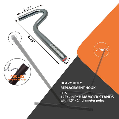 Heavy Duty Hammock Hooks Replacement Set For Double Hammock With Stand Galvanized Steel 0.3 Inch Diameter By 4.25 Inch Length Each Hook Supports 450 Lbs 2 Pack Easy Install Fits Poles 1.5 To 2 Inch Diameter, showing dimensions and weight capacity.