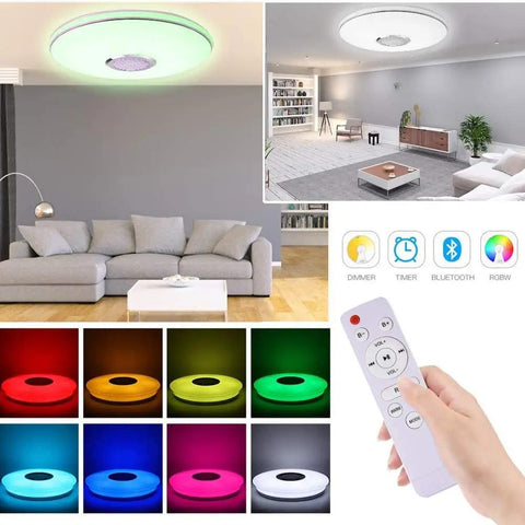 Living room with 36W LED Music Ceiling Light With Bluetooth Speaker, RGB Color Changing Flush Mount Lamp, remote in hand.