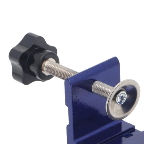 Close-up of Mini Pocket Hole Jig Kit Set, Pro Grade Aluminum Alloy Carpentry Locator featuring variable angles, one-handed operation.