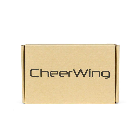 Brown box labeled CheerWing containing Four Pack 3.7V 650mAh LiPo Batteries With a 4 in 1 Battery Charger for Syma X5 X5C X5C1 RC Drones.