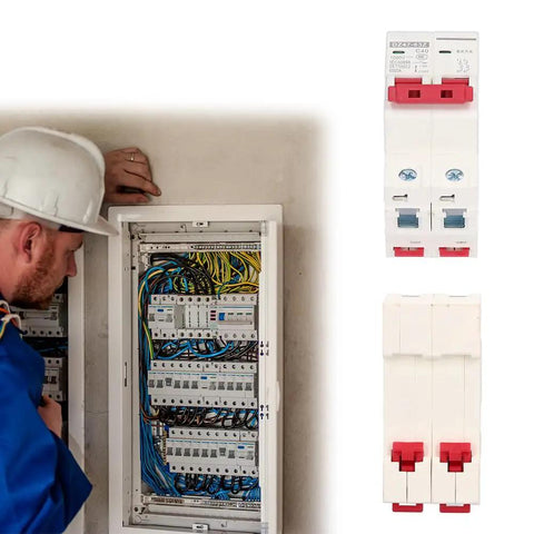 Miniature Circuit Breaker DZ47-63 C40 2 Pole Rail Mount installed in distribution box with close-up of breaker
