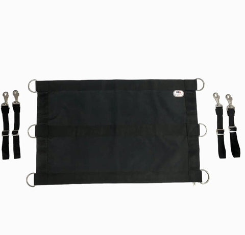 Top Shelf 1200D Horse Stall Guard With Adjustable Straps And Replaceable Black Hardware For Locking Down Secure Stable Safety And Bulletproof Equine Barrier Gear, featuring black fabric and four clips.
