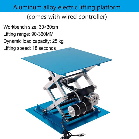 Heavy Hitter Electric Lab Lift Stand, Adjustable Height Platform With Wireless Remote, Chrome Mesh Desktop, Handles 25 Kg Loads For Chemistry And Shop Tasks, aluminum alloy platform with wired control and 30x30cm surface.