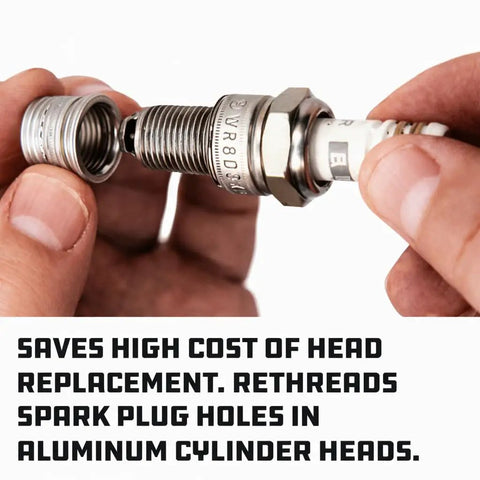 14mm Spark Plug Thread Repair Kit for Aluminum Cylinder Heads with rethread tap and inserts shown in use