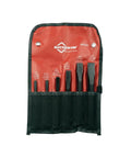 Six-Piece Cold Chisel Kit For Metalworking With Black Oxide Finish, USA Made, displayed in red carrying pouch